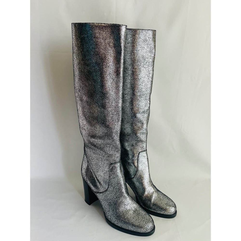 Michael Kors Collection Silver Glitter Block Heel Knee High Boots Italy 41